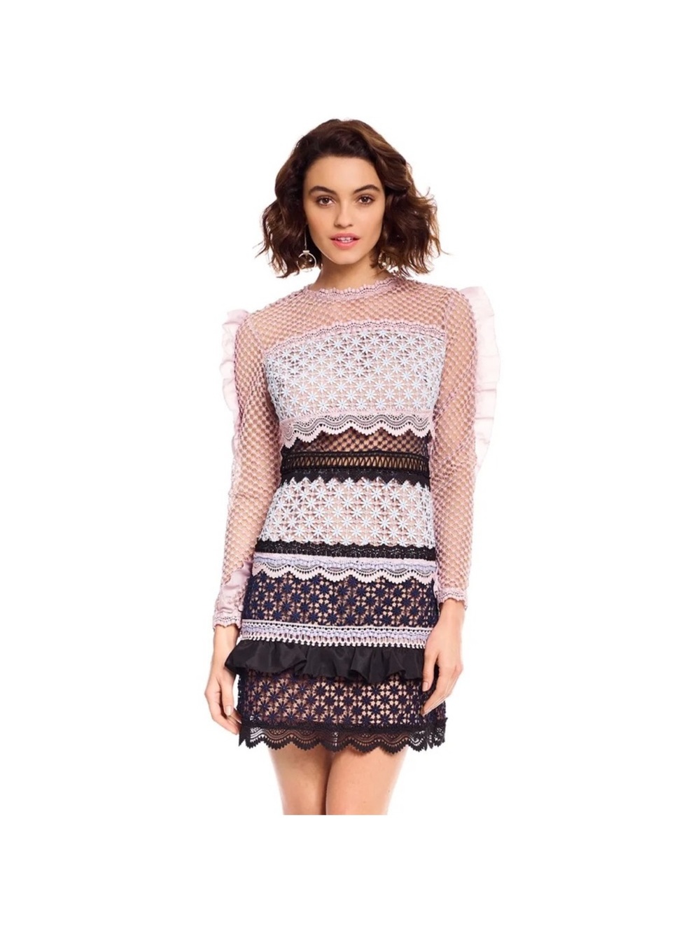 Self Portrait Bellis Lace Trim Dress With Frilled Sleeves